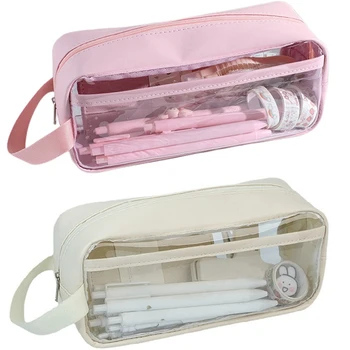 1 комплект прозрачни пеналов, японски молив случай за момичета с голям капацитет, скъпи молив случай, бяло и розово