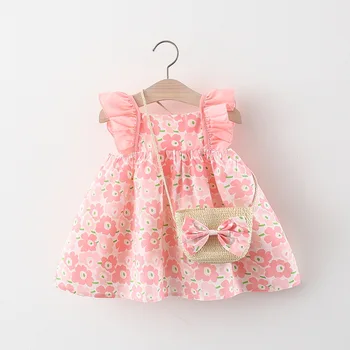 Летни дрехи за малките момичета, рокля в курортен стил с цветя модел и чанта за новородено, рокли за деца 