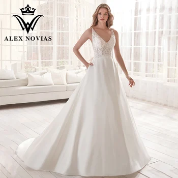 Сватбена рокля Трапецовидна форма ALEX NOVIAS С Лък 2023, Атласное Сватбена рокля С V-образно деколте И Бродерии, Винтажное къса Рокля Vestidos Novias De Saten