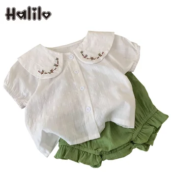Halilo/ Комплекти дрехи за малките момичета, памучен бяла блуза с бродерия на цветя + къси панталони, комплект от две части, летни дрехи за бебета