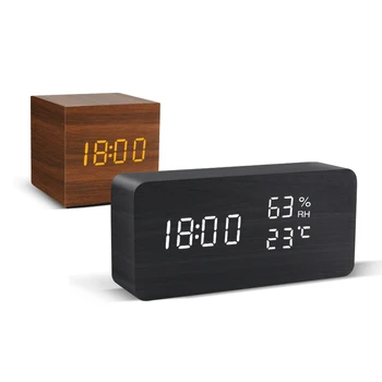 Будилник с led осветяване, дървени настолни часовници с гласов контрол, Електронни настолни часовници от дърво Despertador се захранва от USB/AAA