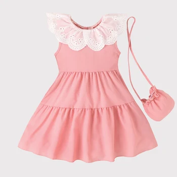 Розови рокли за малки момичета, летен памук тънък детски костюм за деца, дрехи без ръкави за бебета + чанта от 4 до 7 години