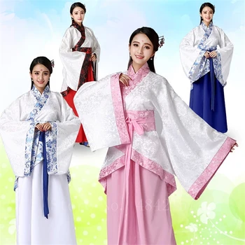 Елегантно дамско китайското рокля Hanfu с традиционните флорални принтом, сценичното представяне, Източна древна фея, ретро фолк денс костюм