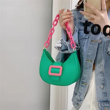 Лятна новост 2023, модерна дамска чанта за през рамото от изкуствена кожа с контрастиращ цвят с веригата, чанта на едно рамо, градинска тенденция чанта-месинджър