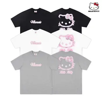 Истински памучен тениска Sanrio Hello Kitty модел от карикатура, ежедневни облекла за двойки, мила пролет-лято свободна яке, подарък за момиче от аниме
