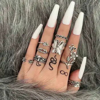 8 бр., ретро комплект пръстени от хралупата на Слънцето и се прави извод за жени, метал, цвят сребрист, геометрична форма на спирала, пръстен на пръста си, модни бижута