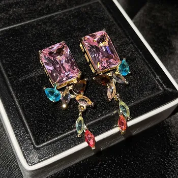 Модерен Изискан квадратни обеци с цирконии, цветни обеци с кристали, с позлатени обеци, съблазнителен дамски бижута, подарък за годишнина