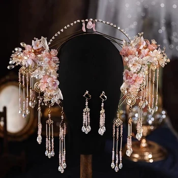 Мила фея, китайски ретро сватбен аксесоар за коса, традиционна розово цвете превръзка от неопрен за косата на булката, бижута