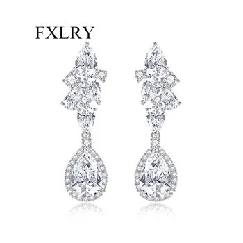 FXLRY Модни луксозни обеци-капки бял цвят от круша и фианитами за жени, сватбени аксесоари за уши, подарък