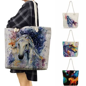 Торби за многократна употреба на рамото за пътуване с животни, преносима чанта за пазаруване с акварельным принтом кон, ежедневни чанти за жени, тоут в стръмен стил