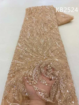 Лейси плат със златни мъниста, Сватбени рокли за жени 2023, нигерийски дантела на булката, Перли и кристал, Последователност за шиене KB2524