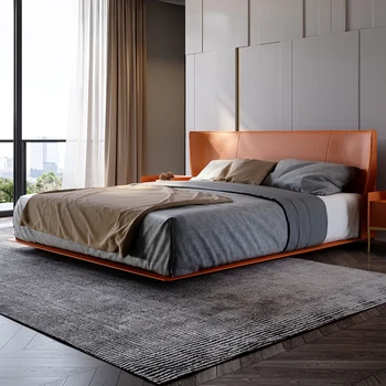 Прекрасна домашна италианска проста плаващ легло 1,8 m от естествена кожа, простата начало спалня, светъл луксозно двойно сватбена легло