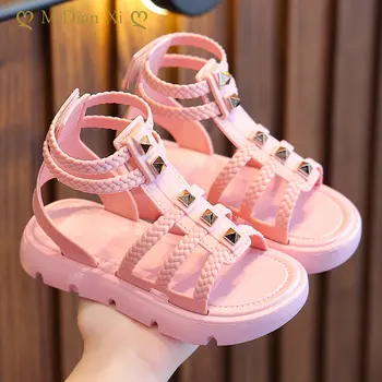 Летни розови сандали за момичета 1-8 години, модни обувки на принцеса за момиченца, нескользящие плажни сандали с отворени пръсти