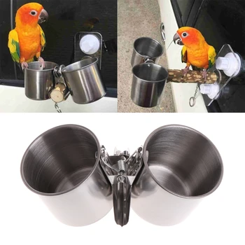 Храна, Вода, двойни чашки за хранене на птиците с клипс, стойка за клетка за папагал от неръждаема стомана