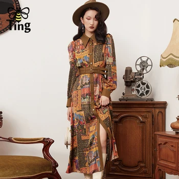 Tingfly/ Дамско дизайнерско стилно винтажное елегантно цвете однобортное дълга рокля midi, дамски ежедневни градинска дрехи, дрехи големи празнични халати