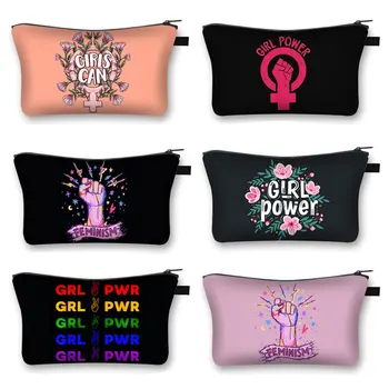 Феминистка дамски косметичка Fenimism Girl Power, козметични чанти Grl Pwr, Организаторите за тоалетни принадлежности, дамски Чанти, дамски косметичка червило