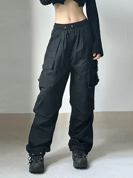 Директни широки панталони с завязками, панталони в стил харадзюку джобове в стил мозайка, нагънат на ежедневните панталони-карго с парашут, дамски дрехи Y2k