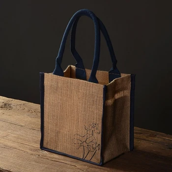 Чанта-тоут от коноп чул с принтом Лотос, за многократна употреба за хранителни стоки чанти с дръжки, женствена чанта за пазаруване, плажен органайзер