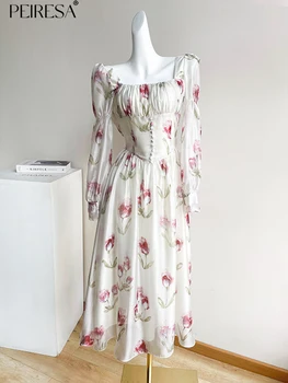 PEIRESA Френски елегантни рокли с флорални принтом и тромаво яка за жените рокля с трапецовидна форма, с пищни ръкави и висока талия, Новост Лятото 2023