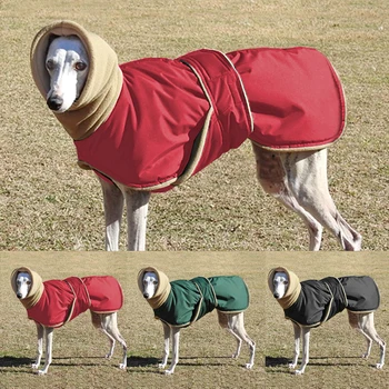 Зимно топло облекло за кучета, водоустойчив дебело яке за кучета, цвят червено-черно палто за кучета с отвор за каишка за кучета средни Greyhound