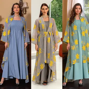 Жена висококачествено рокля-риза от жоржета и бродирана жилетка Абая, комплект от 2 теми, елегантни вечерни рокли за мюсюлмански жени в Дубай, костюм