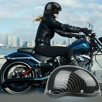Мотоциклет Полушлем в Ретро стил от ABS + Памук, една Найлонова Шапка за Мотоциклетист, Колоездач, Ездока Въглеродните набраздяване (Един размер), Моющаяся