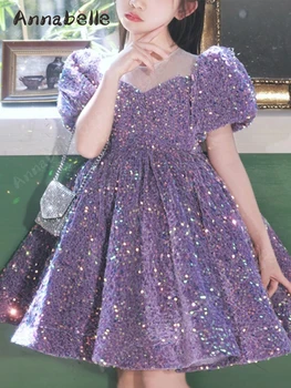 Рокля принцеса Анабел за момичета, детски празнична рокля с пайети рокля с дълги ръкави и цветя модел за момичета, рокли за сватби, детски