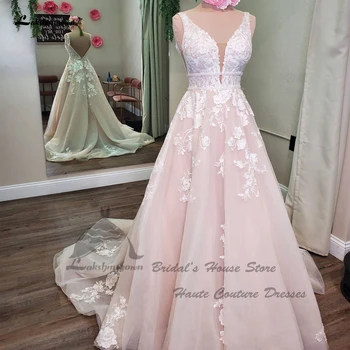 Реколта розови сватбени рокли за жени 2023 Vestidos с V-образно деколте и с отворен гръб, граждански сватбени рокли в стил бохо, дантела и апликация с пайети