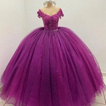 ANGELSBRIDEP Искрящи Кристални буйни рокля с цветя модел Vestidos De 15 Anos, Рокли принцеса с дантелен аппликацией под формата на 3D Цветя, рокли за рожден ден