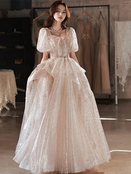 Блестяща вечерна рокля цвят шампанско с френски квадратна яка, рокли принцеса с ръкави-мехурчета, пищни рокля с перли с дължина до пода
