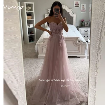 Дълги рокли за абитуриентски бал от розов тюл Verngo с дантелен аппликацией във формата на сърце, вечерни рокли за гостите на сватбеното парти, в елегантна рокля на шаферка