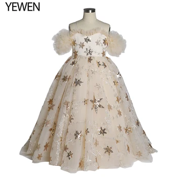 Тюлевые рокля с блестящи звезди и цветя модел за момичета на сватба, рокля на принцеса за детски фотосесии, рокли на знаменитости YEWEN