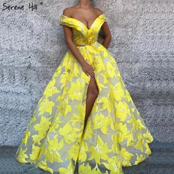 Най-новите модни жълти вечерни рокли с отворени рамене, без ръкави, с цветя, секси вечерни рокли Serene Hill LA6597