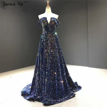 Serene Hill-Тъмно синьо Секси Вечерна Рокля с открити Рамене, без ръкави, пайети, блестящи контрастен цвят, вечерна рокля за парти 2023 CHM66992