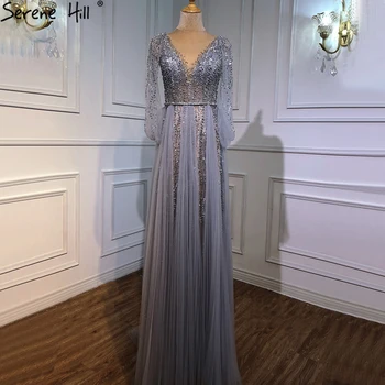 Сиви луксозни вечерни рокли трапецовидна форма, Рокли 2023, Елегантни дамски официални рокли с бриллиантовым мъниста, BLA70788 Serene Hill