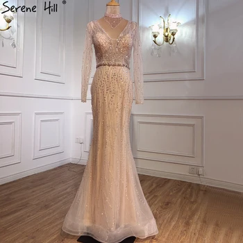 Дубай Русалка Розови вечерни рокли с мъниста и пайети, V-образно деколте, дълги ръкави, луксозна вечерна рокля Serene Hill 2023 LA70526