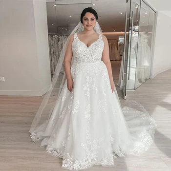 Бяла сватбена рокля големи размери 2023, дантелени апликации, сватбени рокли, трапецовидна форма, без ръкави, с отворен гръб, с влак, Vestidos De Новия