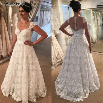 Vestido de noiva Сшитое на поръчка дантелено плажна сватбена рокля трапецовидна форма 2019 Robe de mariee Евтини сватбени рокли с прозрачни перли