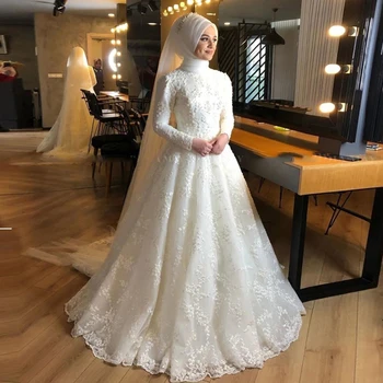 Мюсюлманските женски сватбени рокли с високо воротом, елегантни сватбени рокли трапецовидна форма, с дълъг ръкав и дантелен аппликацией, сватбени рокли на принцеси за официални партита