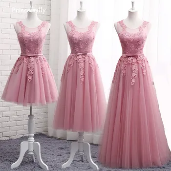 Работа-Розови рокли на шаферките, Дълги дантелени апликации без ръкави, евтини вечерни рокли за Абитуриентски бал, Vestidos De Noiva Robe De Mariage