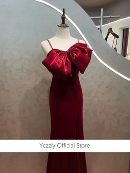 Бордовое велюровое вечерна рокля, секси вечерни рокли на Русалка на тънки спагети презрамки с лък, вечерен халат YE38