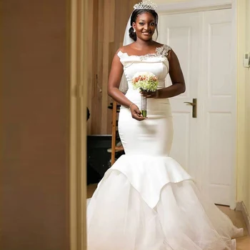 Реколта сватбени рокли на Русалка с къси ръкави и влак, атласное сватбена рокля в африканския стил, по-големи размери, църковна Vestidos De Новия