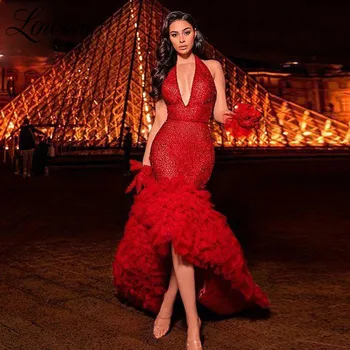 Червени Дамски секси вечерни рокли в бретелях с отворен гръб, дълги вечерни рокли на знаменитости, арабски рокли за бала в Дубай 2020, празнични рокли