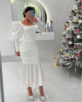 AsaNagi Бели сатенени вечерни рокли на Русалка с дълги буйни ръкав Елегантна рокля за бала Саудитски арабски дамски официални рокли 2023