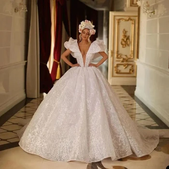 Прекрасна сватбена рокля в Дубай, сшитое по поръчка, дълга сватбена рокля с аппликацией, буйни булчинска рокля, шапка дантела, с драпированными ръкав