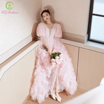 SSYFashion, ново розова рокля на принцеса за бала с пищни ръкави, лейси пола за торта, вечерни рокли за сладко момичета, романтична парти, Vestidos De Noche