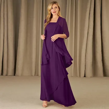 Виолетовият шифоновое рокля трапецовидна форма за майката на булката на тънки спагети презрамки с квадратна яка и шал, сватбена рокля за партита