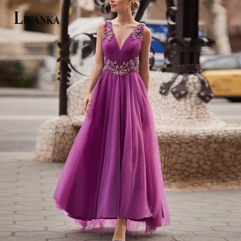 LIVANKA/ чубрица елегантни вечерни рокли за абитуриентски бал, лилаво апликации, crystal, трапециевидное тюлевое рокля с плисета за момичета, Директна доставка, Vestidos