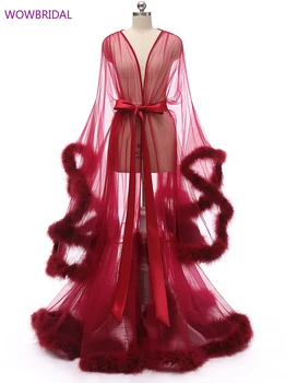 Вечерни рокли от тюл с дълъг ръкав и пера 2020, сексуална кестеняво-червено вечерна рокля за бала, секси вечерна рокля голям размер