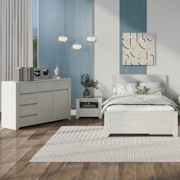 3 предмет, бели спални слушалки от естествено дърво в семпъл стил, с двойно легло, тумбочкой и скрин за мебели спалня